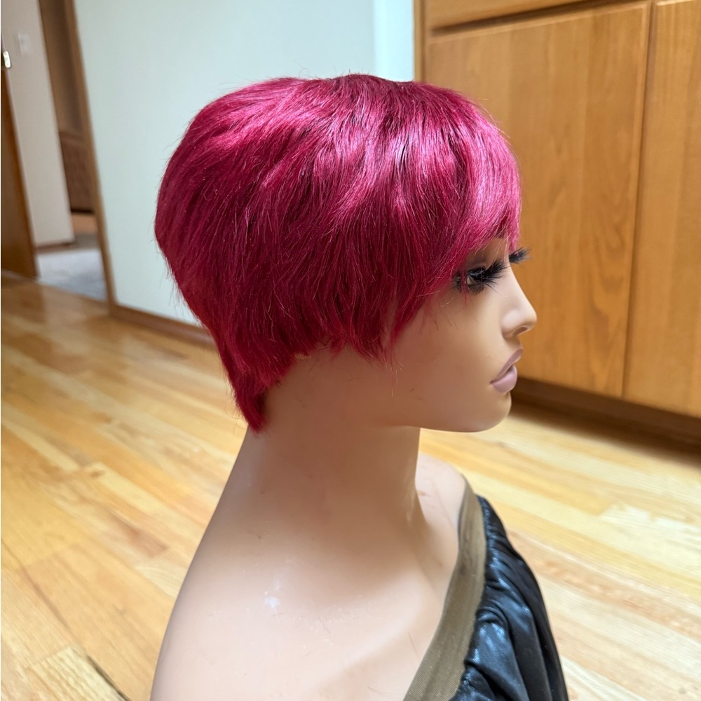 Burgundy human hair pixie cut wig.